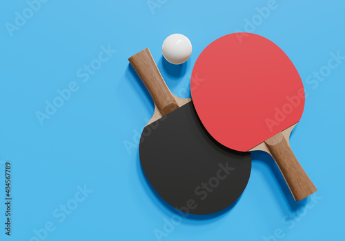 Red and black rackets for table tennis on blue background. Ping pong sports equipment. 3d illustration.
