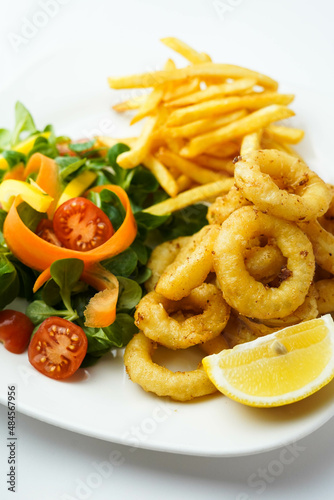 Típica ración española de calamares fritos 