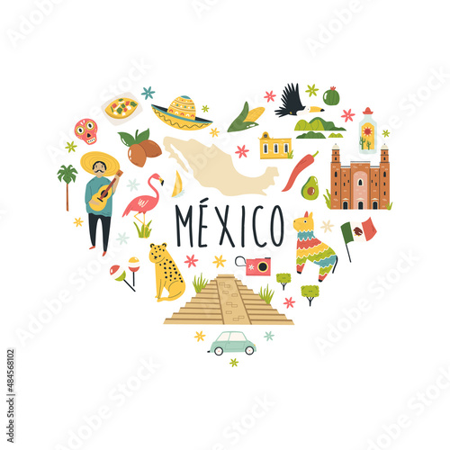 Tourist abstract design with famous destinations and landmarks of Mexico.