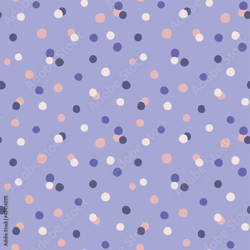 Very peri polka dot pattern. Seamless dotted pattern violet circles. Confetti lily abstract graphic repeated background. Hand drawn geometric repeated paper Birthday. Cute polka dots illustration.