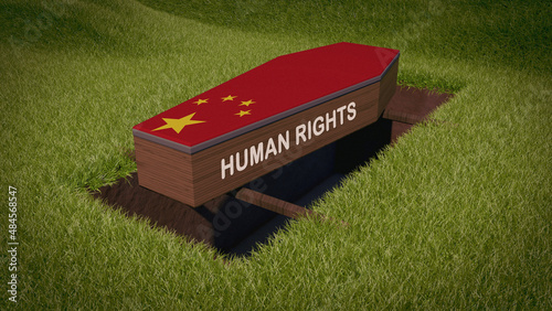 coffin with a chinese flag and the phrase human rights  - 3d illustration	 photo