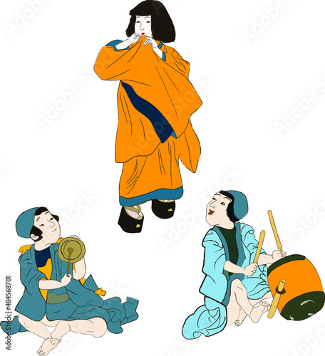 Japan culture, japanese kids with musical instruments playing music isolated vector illustration. Edo period ukiyo-e boys in ancient kimono children characters musicions. Japanese or chinese kid play. photo
