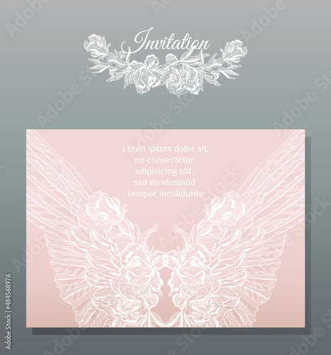 invitation template. Lace, wing, pomegranate flowers