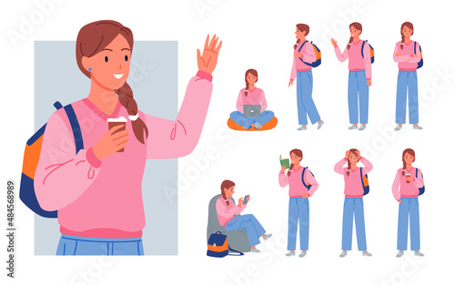 Set of smiling student girl with backpack in different poses. Female teenager daily activities of reading, studying and learning, school education program cartoon vector illustration