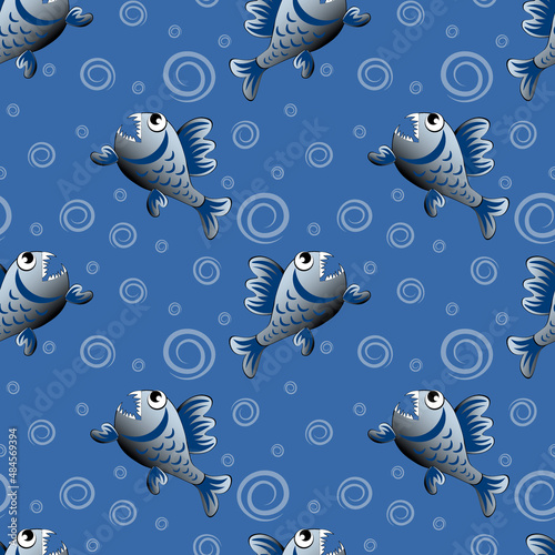Seamless pattern on a square background is a predatory evil piranha fish. Fabulous underwater world. Styling, cartoon style. Design element of books, notebooks, postcards, interior items. Wallpapers