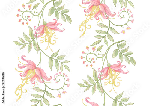 Herlioza decorative flowers and leaves in art nouveau style, vintage, old, retro style. Seamless pattern, background. Vector illustration.