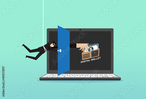 Computer hacker stealing money online, crime with burglar cracking internet, thief grabing wallet, computer hacker