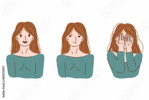 Mental disorder. Mood swings. Cartoon person. Hormonal imbalance, menstruation, premenstrual syndrome. Cartoon flat hand drawn illustration.