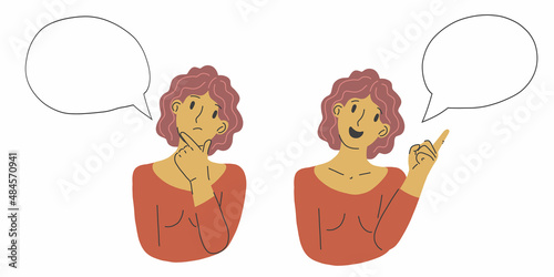 Idea, insight, finding solution. Thoughtful person. Thinking woman. Choice of options. Cartoon hand drawn character. Options to choose from. Stock vector flat illustration portrait isolated.