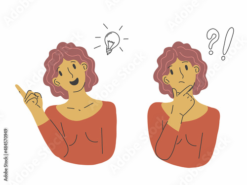 Thoughtful person. Thinking woman. Idea, insight, finding a solution. Choice of options. Cartoon hand drawn character. Options to choose from. Stock vector flat illustration portrait isolated.