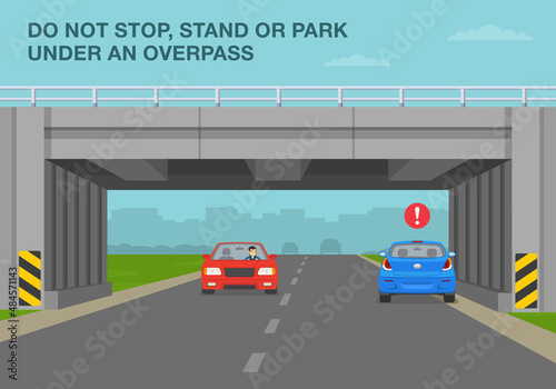 Traffic rules on highway, speedway, motorway. Do not stop, stand or park under an overpass. Flat vector illustration template.