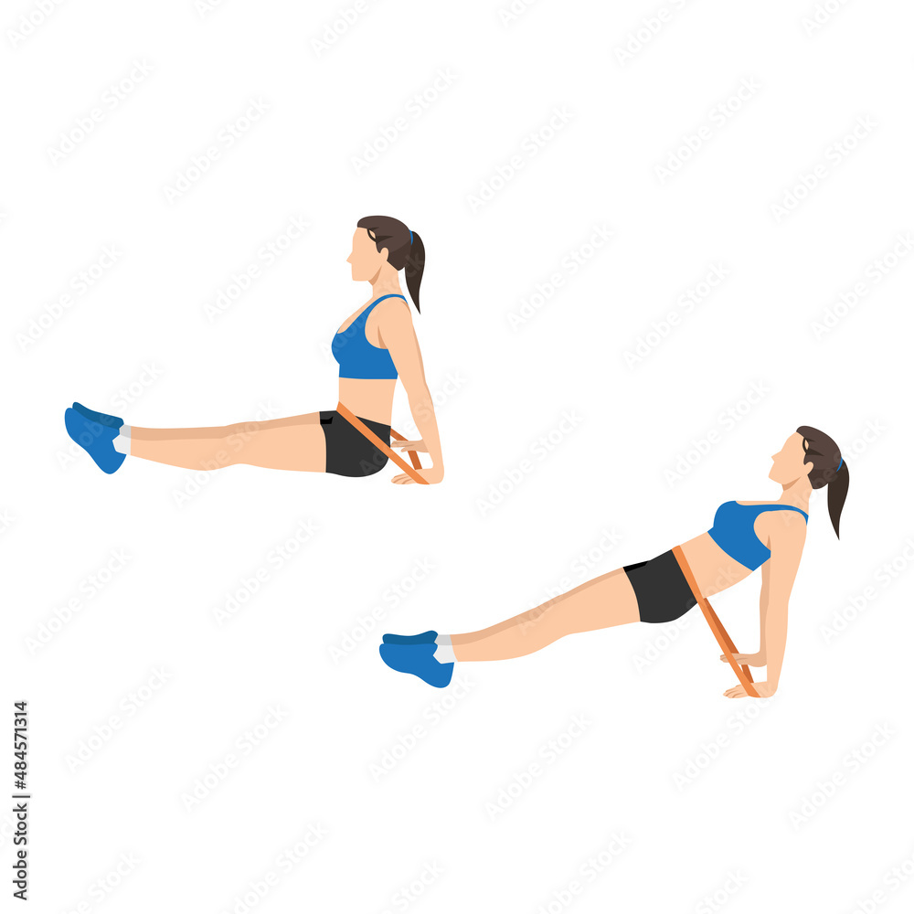 woman doing band reverse plank exercise. Flat vector illustration isolated on white background woman doing band reverse plank exercise. Flat vector illustration isolated on white background