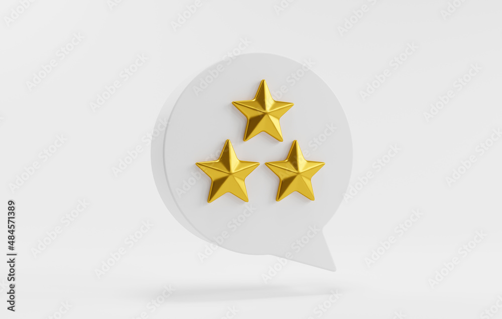 Three gold star in speech bubble on white background, 3d rendering. Three gold star in speech bubble on white background, 3d rendering.