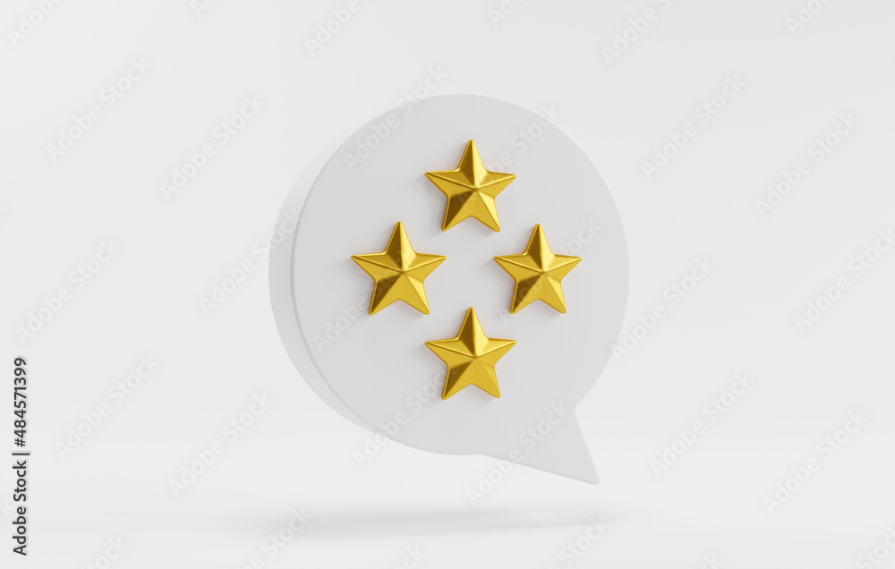 Four gold star in speech bubble on white background, 3d rendering. Four gold star in speech bubble on white background, 3d rendering.
