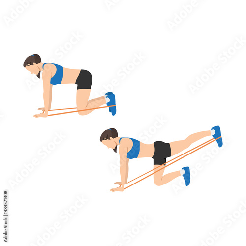 woman doing resistance band donkey kicks exercise. Flat vector illustration isolated on white background