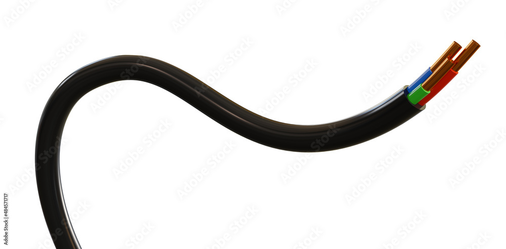 Flexible Three-wire electrical cable isolated on white background. Copper multicore cable in color insulation. Close-up of the cross section. Curved power wire. 3D rendering. Flexible Three-wire electrical cable isolated on white background. Copper multicore cable in color insulation. Close-up of the cross section. Curved power wire. 3D rendering.