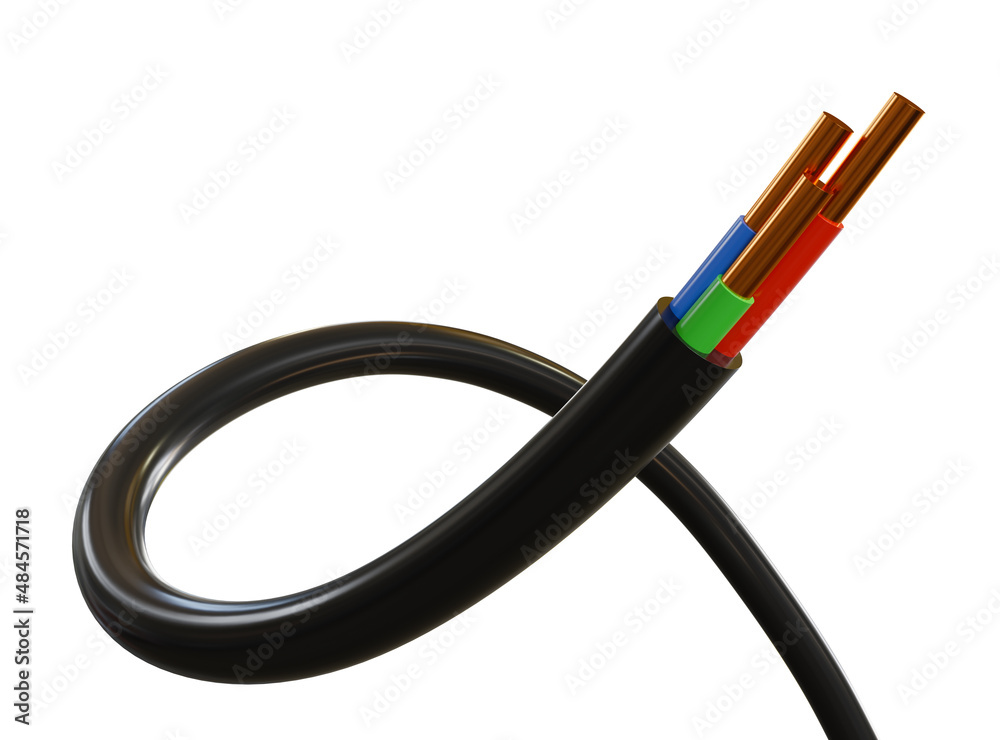 Flexible Three-wire electrical cable isolated on white background. Copper multicore cable in color insulation. Close-up of the cross section. Curved power wire. 3D rendering. Flexible Three-wire electrical cable isolated on white background. Copper multicore cable in color insulation. Close-up of the cross section. Curved power wire. 3D rendering.