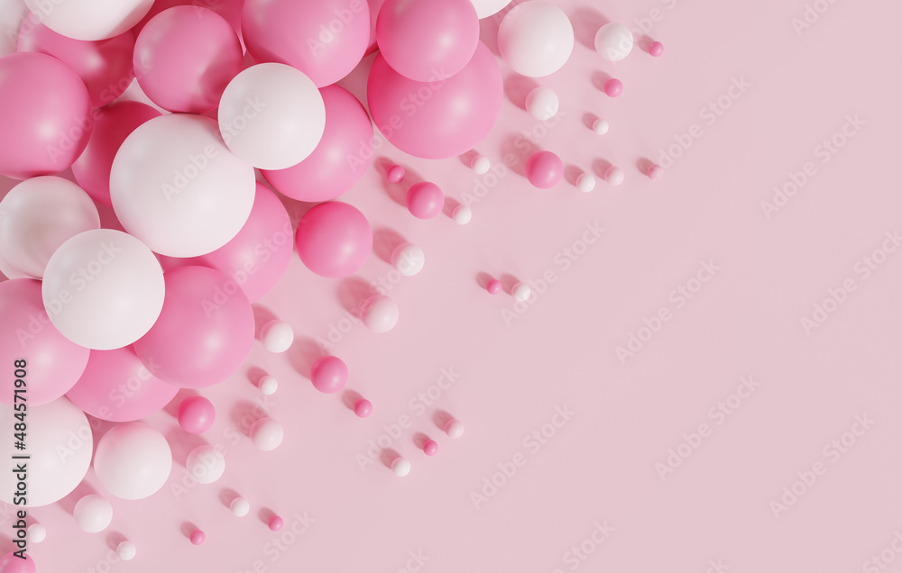 Pink and white balloons with copy space on colorful background, Valentine day and birthday concept, 3D rendering.