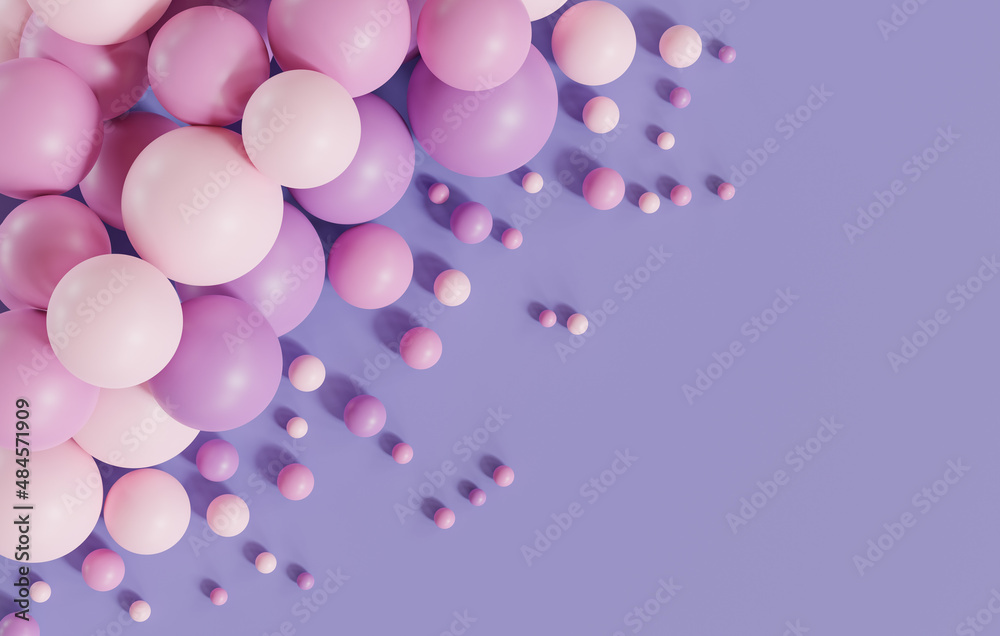 Pink and purple balloons with copy space on vary peri color background, Valentine day and birthday concept, 3D rendering.