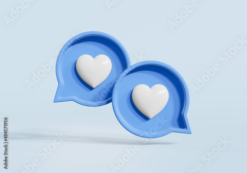 Two blue heart bubble talk social media notification or comment sign symbol on pastel background. 3d illustration.