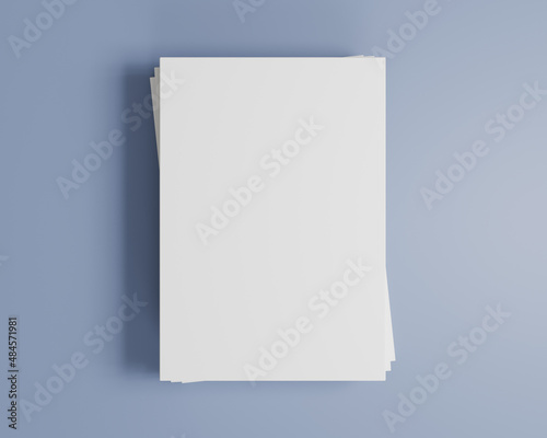 Blank mock-up paper brochure magazine isolated on blue background, 3D rendering.
