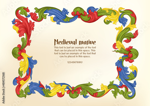 Floral vintage Medieval illuminati manuscript inspiration. Romanesque style. Template for wedding invitation, greeting card, banner, gift voucher, label.