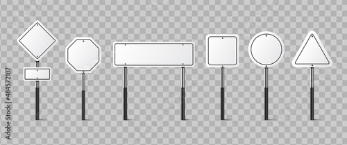 Set of white blank road sign isolated. Direction traffic signs boards on metal stand, empty pointer post and directing signboard photo