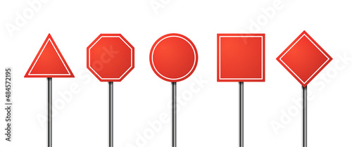 Red blank road sign isolated set. Direction traffic signs boards on metal stand vector collection