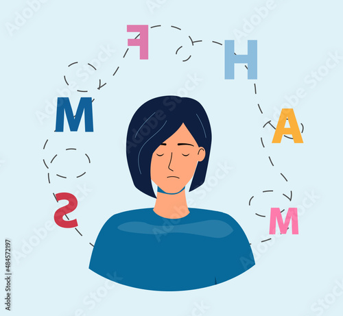 Dyslexia and  learning difficulties concept. Vector illustration. Young girl  character has reading disorder.