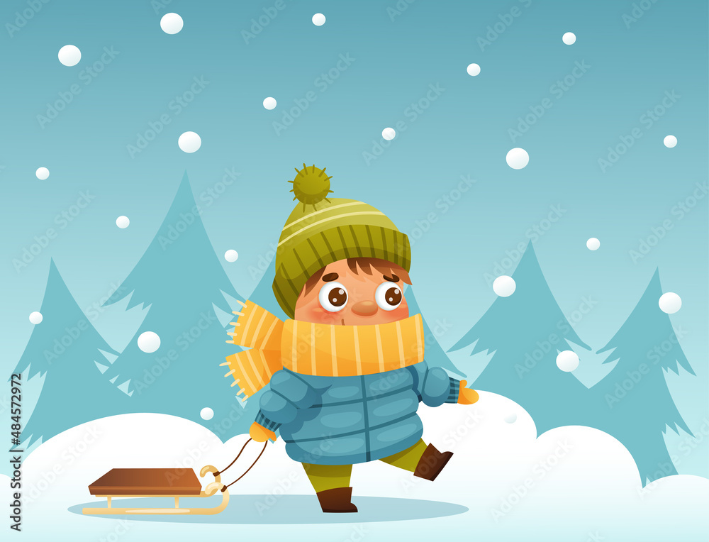 Naklejka premium A boy carries a sled in winter against the backdrop of snow and fir trees. Vector illustration for designs, prints and patterns. Vector illustration