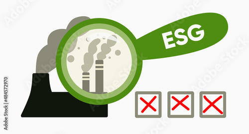 Smoking factory and magnifying glass esg concept