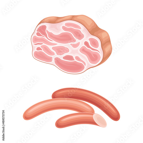 Set of meat products. Sausages and bacon, meat shop assortment vector illustration