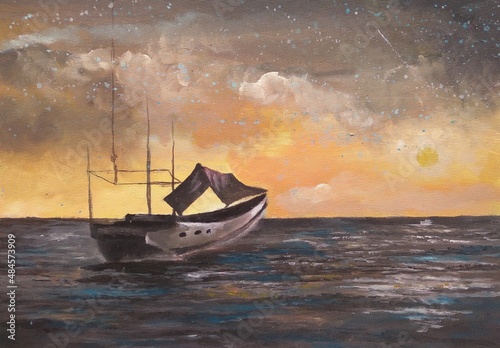 boat at sunset.painting of fishing boats on the beach at dusk during the wave season