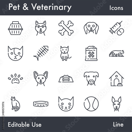 Pets and Veterinary vector line icon set. Contains linear outline icons like Dog, Cat, Food, Fish, Paw, Footprint, Bowl, Bone, Paw, House, Care. Editable use and stroke for Web.