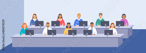 Call center customer care operators team with headsets at the desks in office. Flat vector illustration. Customer support service agents, men and women, talking with clients. Contact center assistants