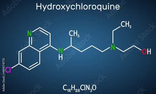 Hydroxychloroquine molecule. It is antimalarial medication used to treat malaria, COVID-19, rheumatoid arthritis, lupus erythematosus. Structural chemical formula on the dark blue background