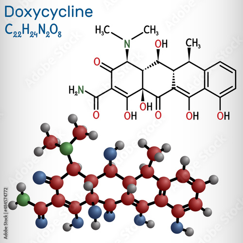 Doxycycline molecule. It is broad-spectrum tetracycline antibiotic used to treat a wide variety of bacterial infections. Structural chemical formula and molecule model. photo