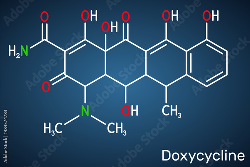 Doxycycline molecule. It is broad-spectrum tetracycline antibiotic used to treat a wide variety of bacterial infections. Structural chemical formula on the dark blue background