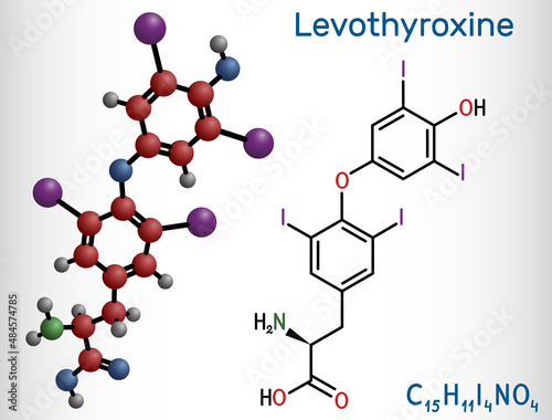 Levothyroxine, L-thyroxine molecule. It is synthetic form of the thyroid hormone thyroxine, T4 hormone, used to treat hypothyroidism. Structural chemical formula, molecule model