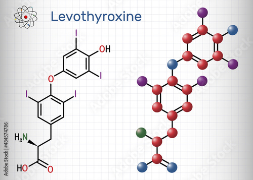 Levothyroxine, L-thyroxine molecule. It is synthetic form of the thyroid hormone thyroxine, T4 hormone, used to treat hypothyroidism. Sheet of paper in a cage