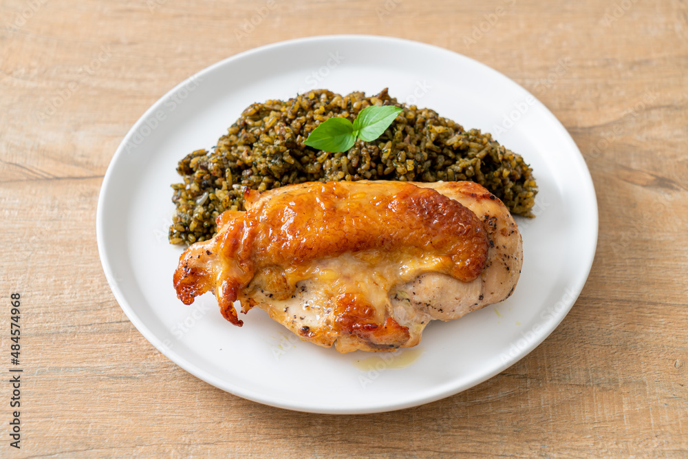 pesto fried rice with grilled chicken