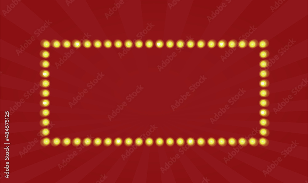 Show frame light wreath red rectangle banner vector with glow magical retro bulb for marquee signboard illustration, square billboard retro background for showtime decor billboard copy space template