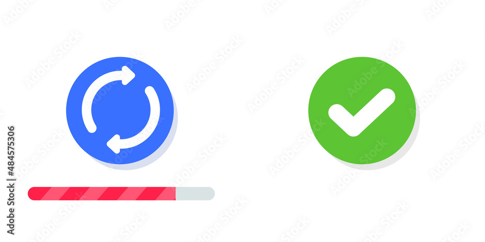 Update refresh vector icon or sync twist app, load progress bar for download ui process red color, checkmark tick complete circular button as upgrade done or change reset flat design