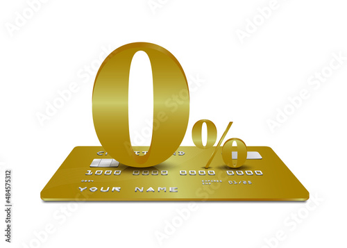 The golden 0% text is placed on the golden credit card. For making advertising materials about reducing fees,vector 3d  isolated on white bacground for finacial business concept design