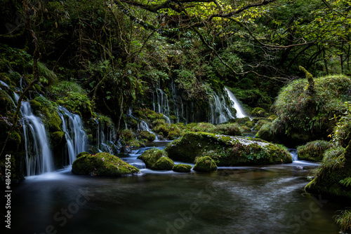 苔が生えた緑の岩と滝の流れ