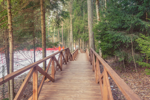 Wooden steps in the forest at a ski resort. Wooden road in the forest.