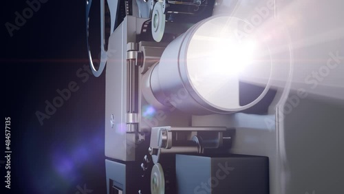 Movie projector lamp lights and projecting the tape film on the cinema screen. Close up view to the lamp lighting of movie projector with empty blank invitation background at the end, 3d animation.