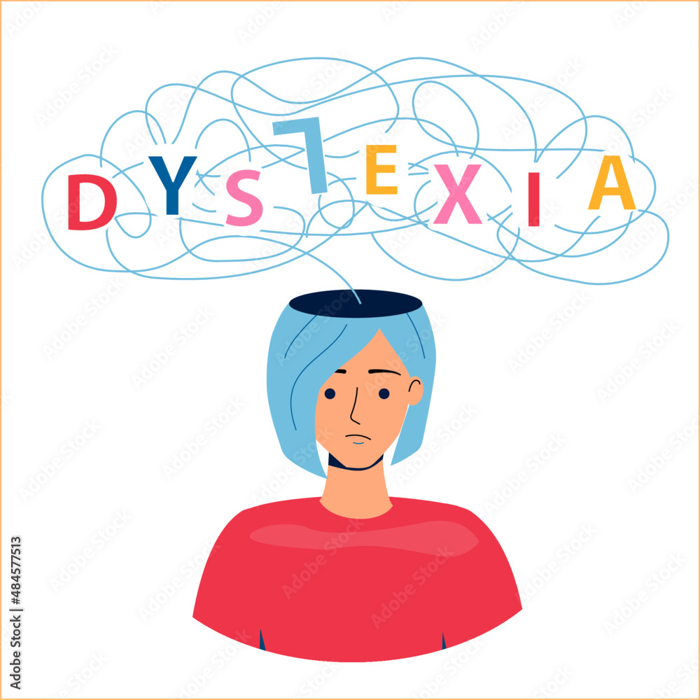Dyslexia and learning difficulties concept. Vector illustration. Young girl character has reading disorder. Dyslexia and learning difficulties concept. Vector illustration. Young girl character has reading disorder.