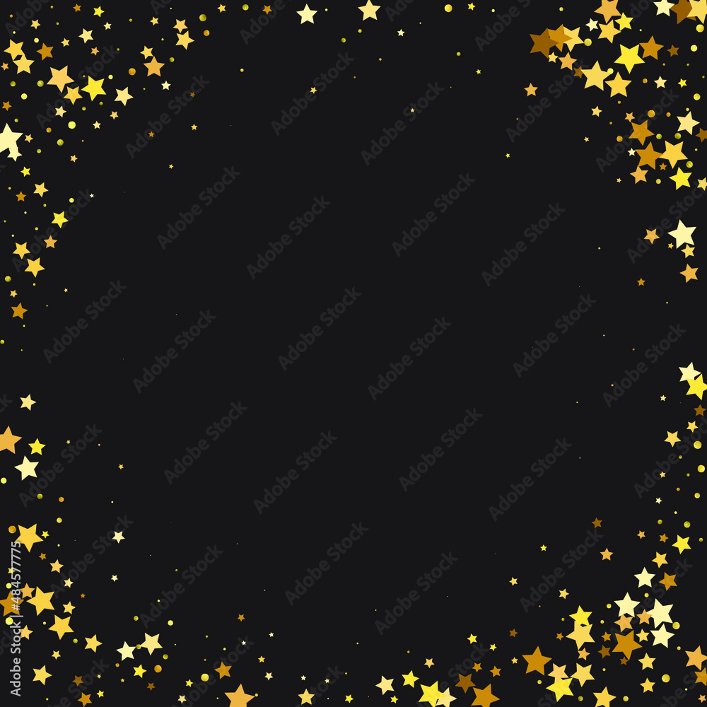 Star Sequin Confetti on Black Background. Vector Gold Glitter. Falling Particles on Floor. Isolated Flat Birthday Card. Golden Stars Banner. Voucher Gift Card Template. Christmas Party Frame.