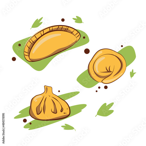 Dumplings and khinkali. Food and semi-finished products. vector image
